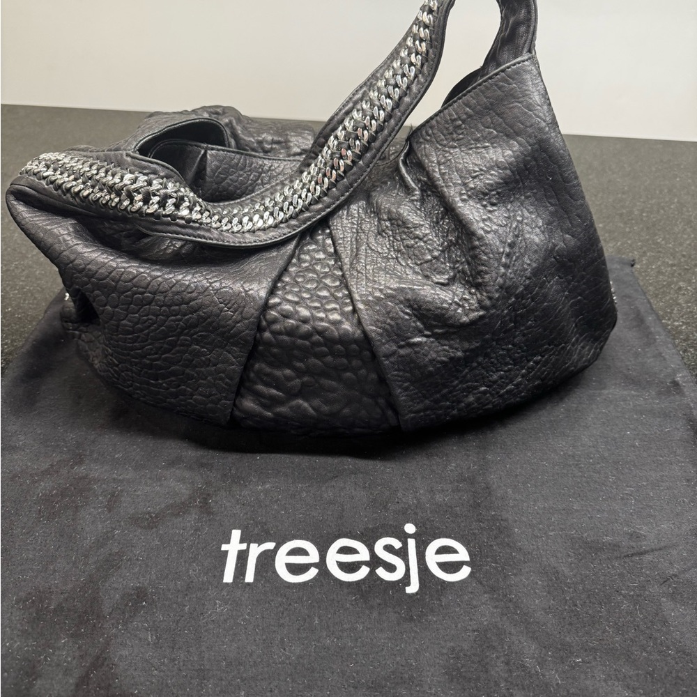 Treesje Braided Chain Textured Black Hobo Bag 17x12x6